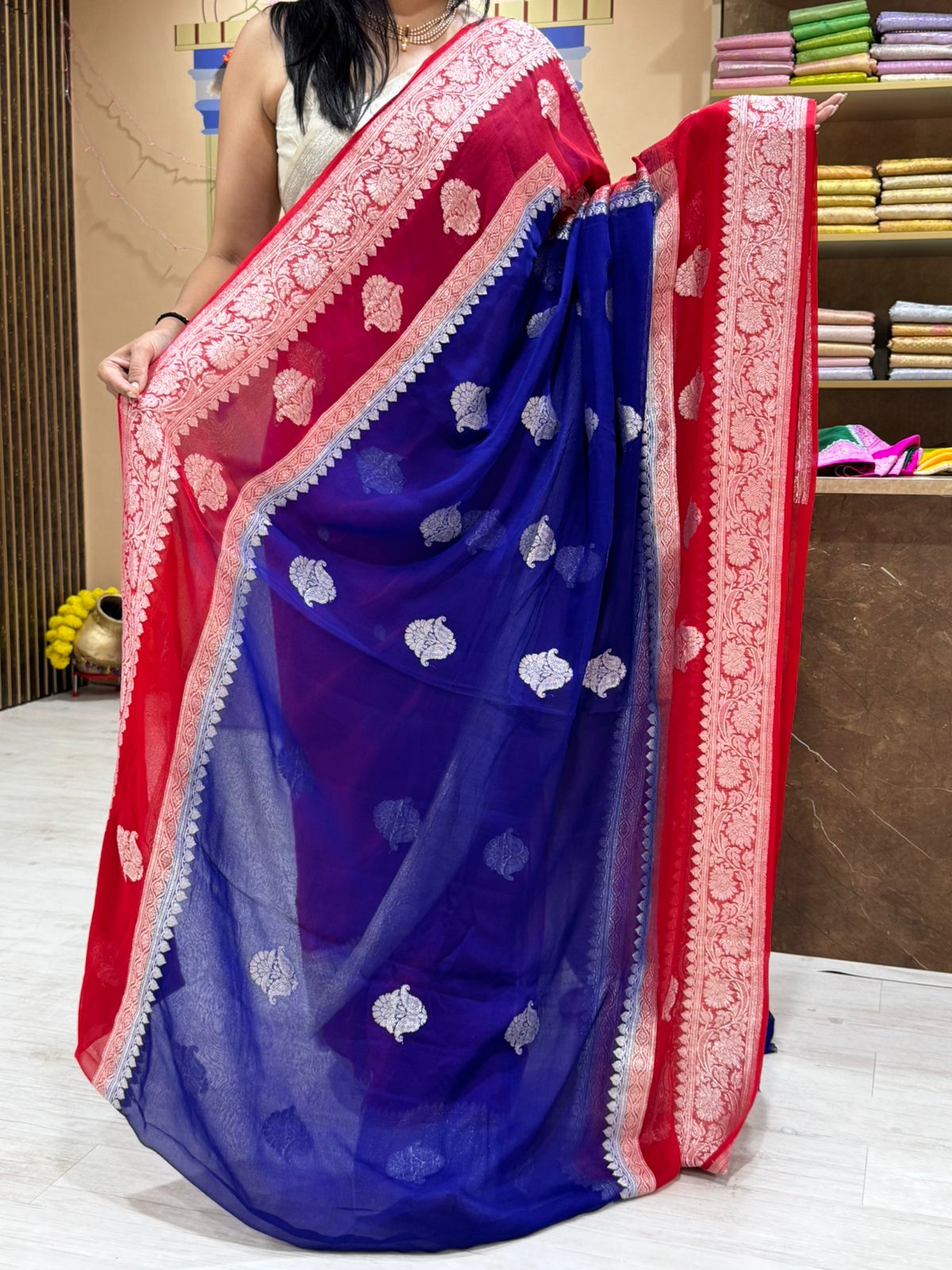 Blue n red benarasi pure chiffon saree