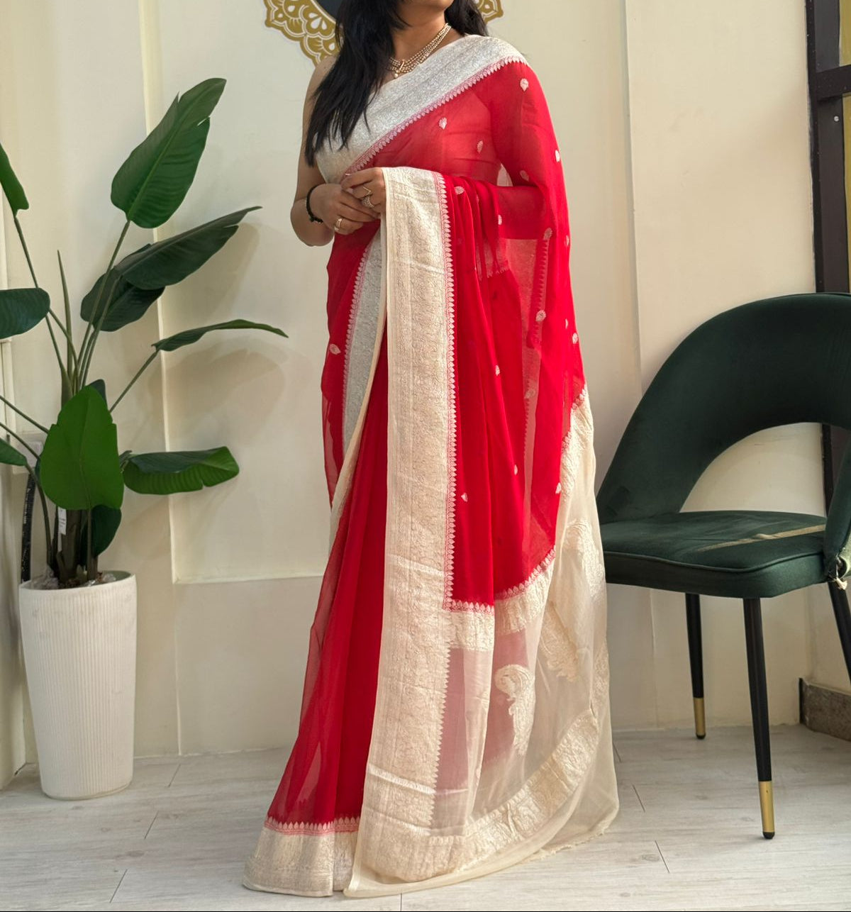 Bright red n cream benarasi pure chiffon saree
