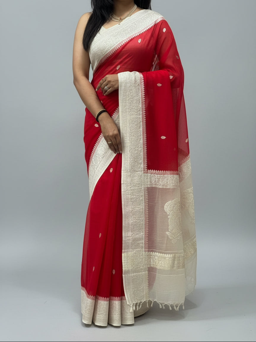 Bright red n cream benarasi pure chiffon saree