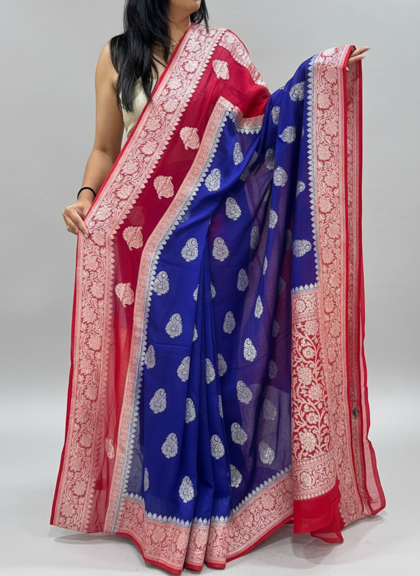 Blue n red benarasi pure chiffon saree