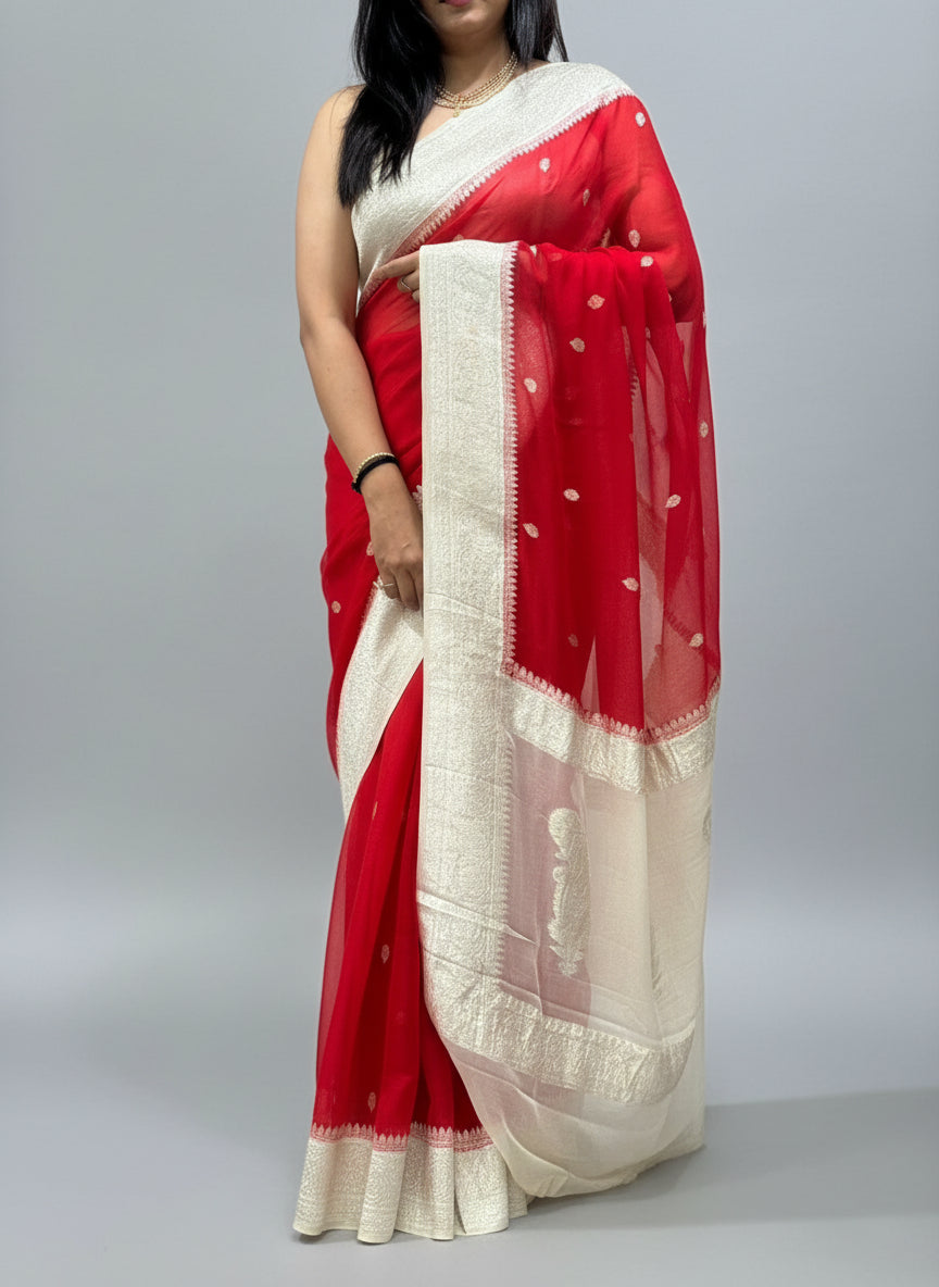 Bright red n cream benarasi pure chiffon saree