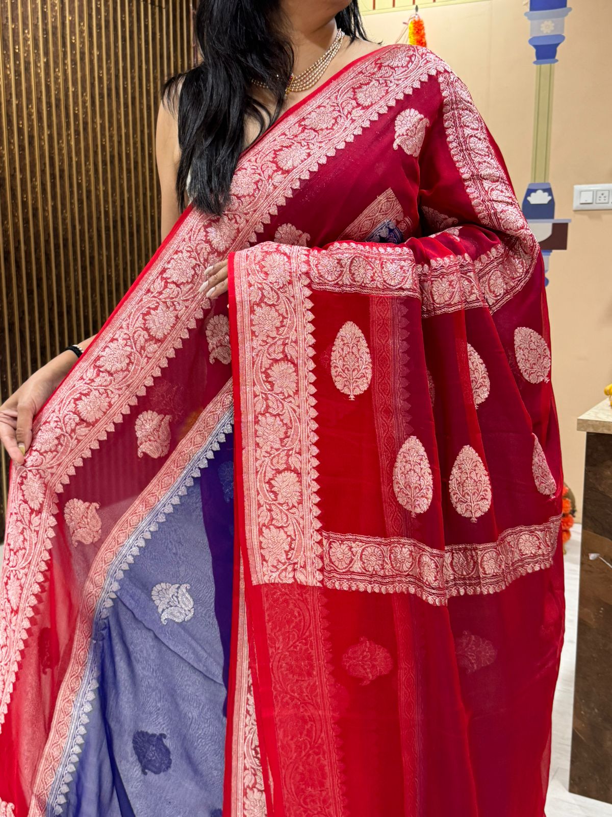 Blue n red benarasi pure chiffon saree