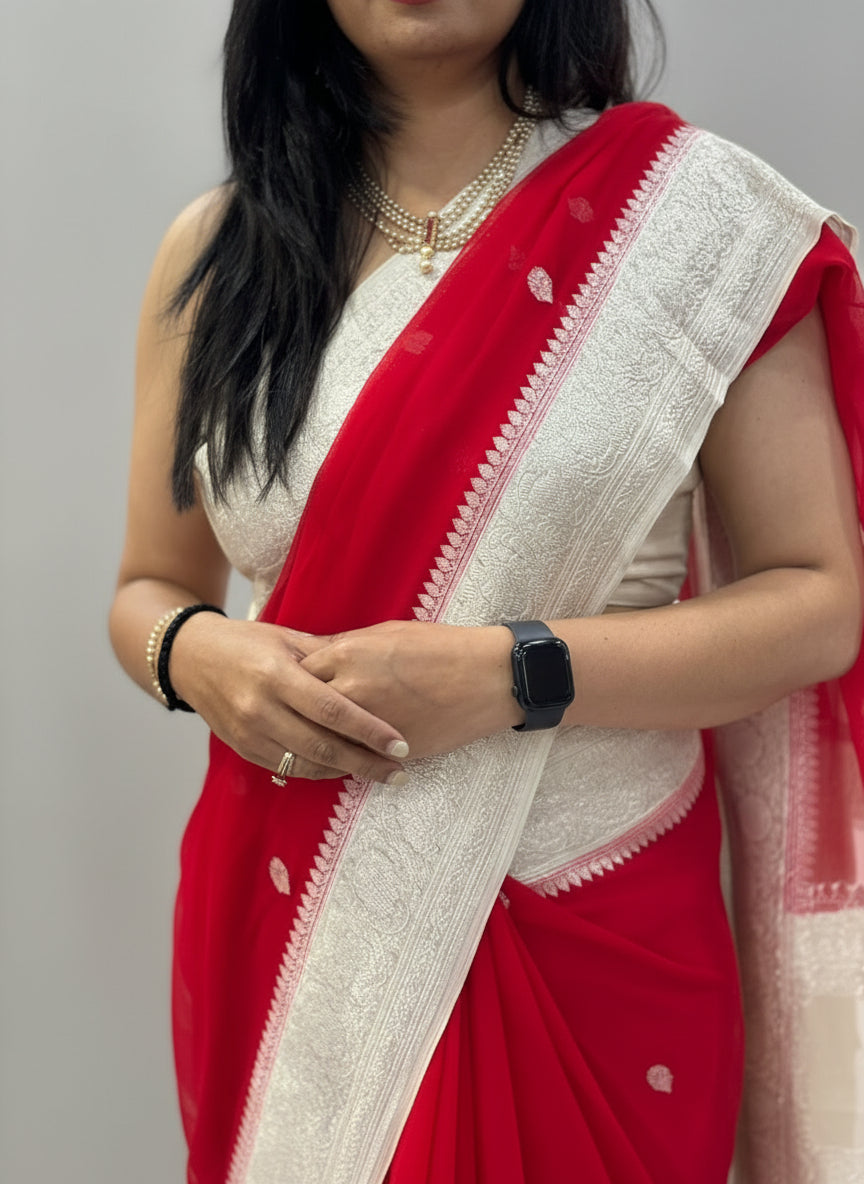 Bright red n cream benarasi pure chiffon saree