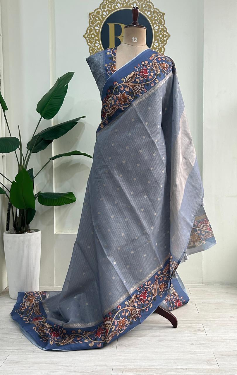 Light blue n blue kalamkari border kota checks saree