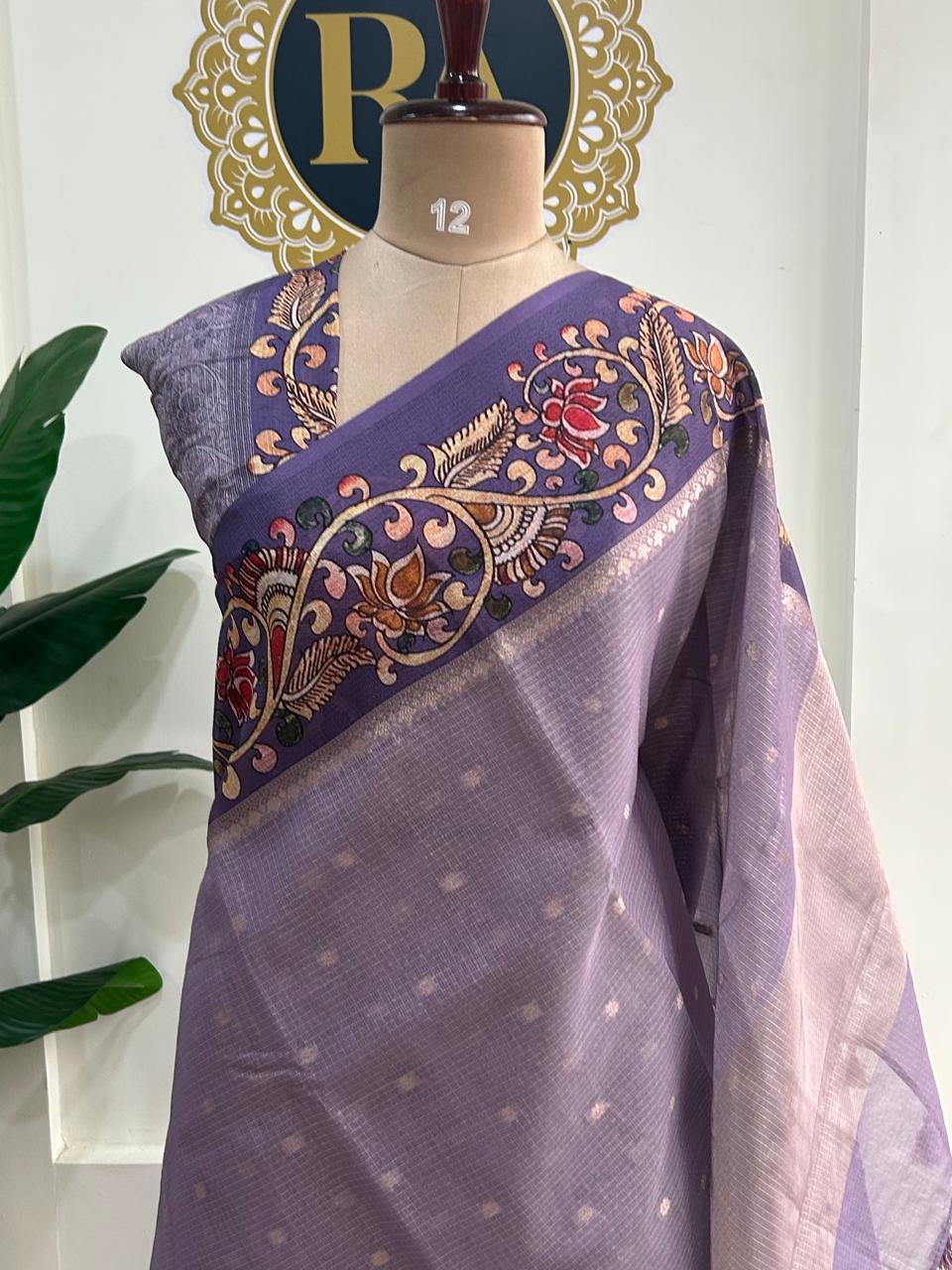 Light violet kalamkari border kota checks saree