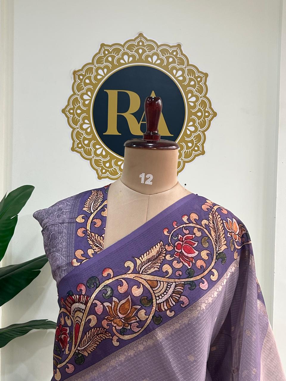 Light violet kalamkari border kota checks saree