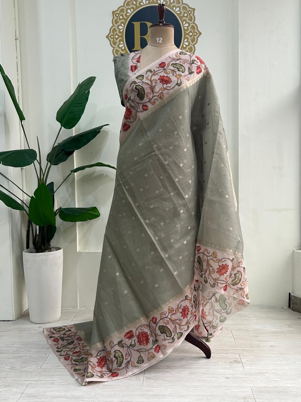 Light green n cream kalamkari border kota checks saree