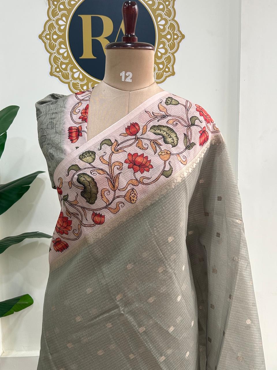 Light green n cream kalamkari border kota checks saree