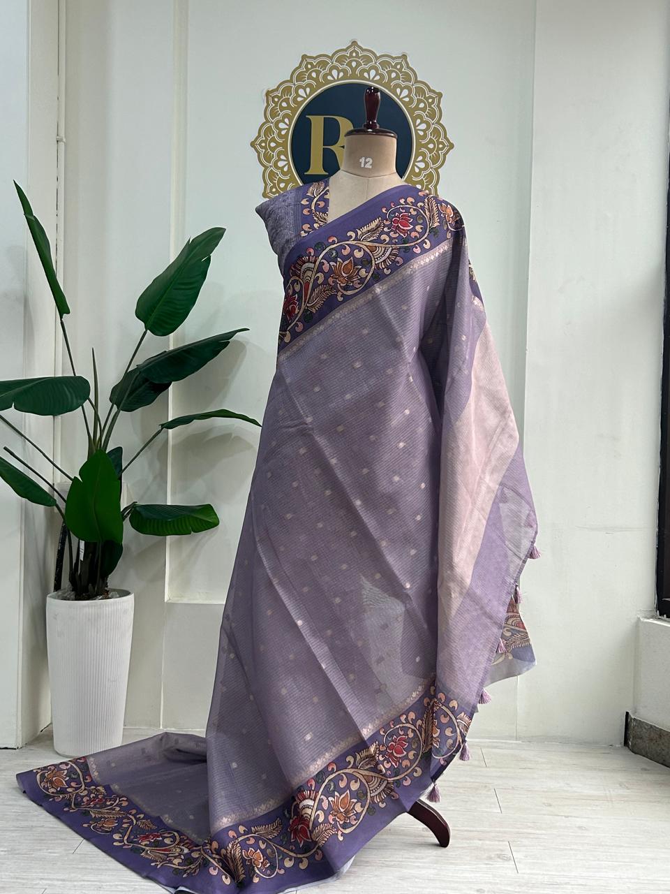 Light violet kalamkari border kota checks saree