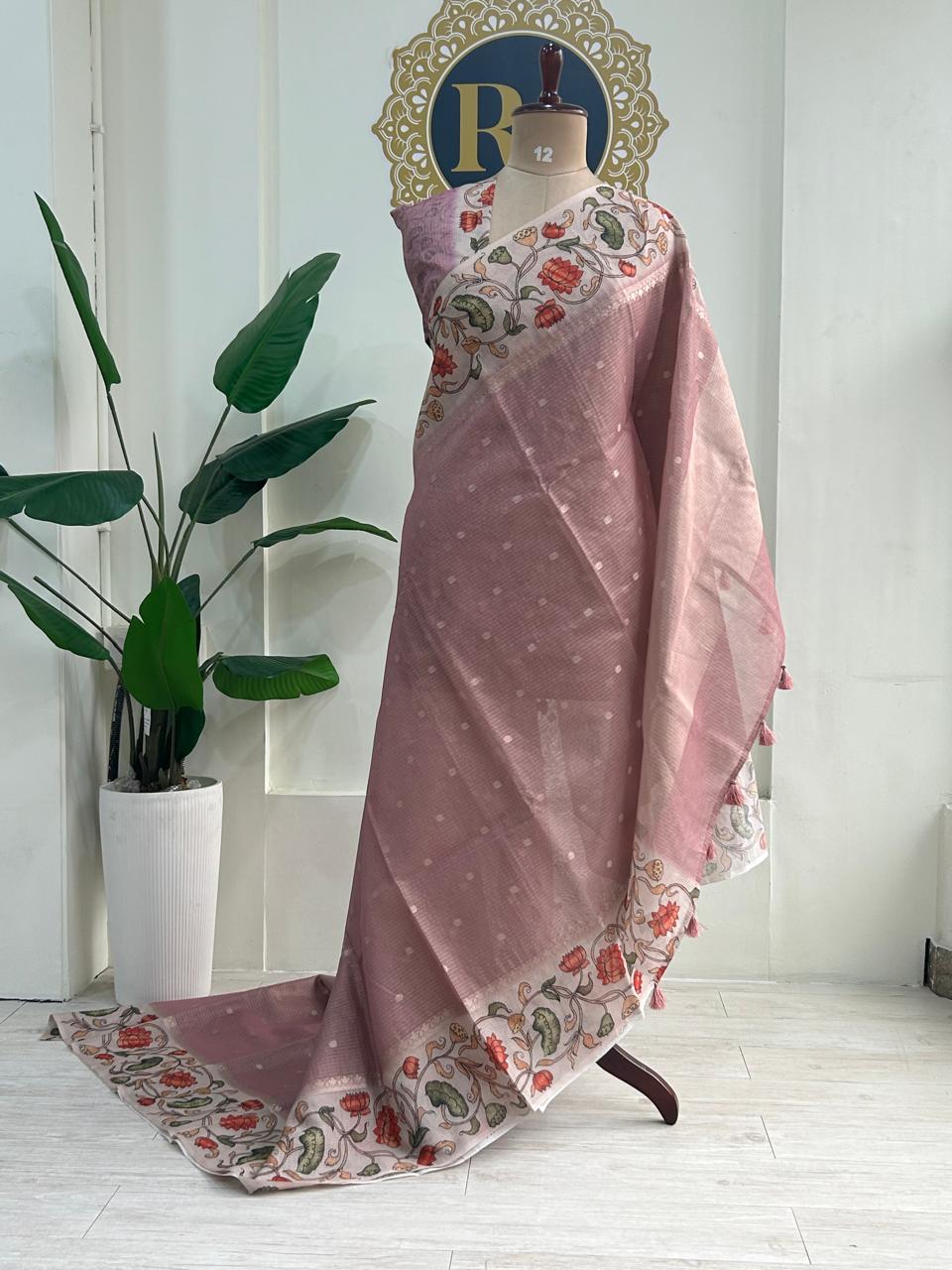 Light Pink n cream  kalamkari border kota checks saree
