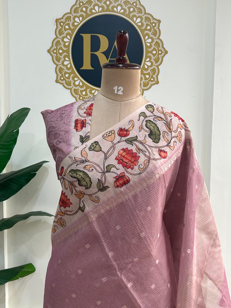 Light Pink n cream  kalamkari border kota checks saree