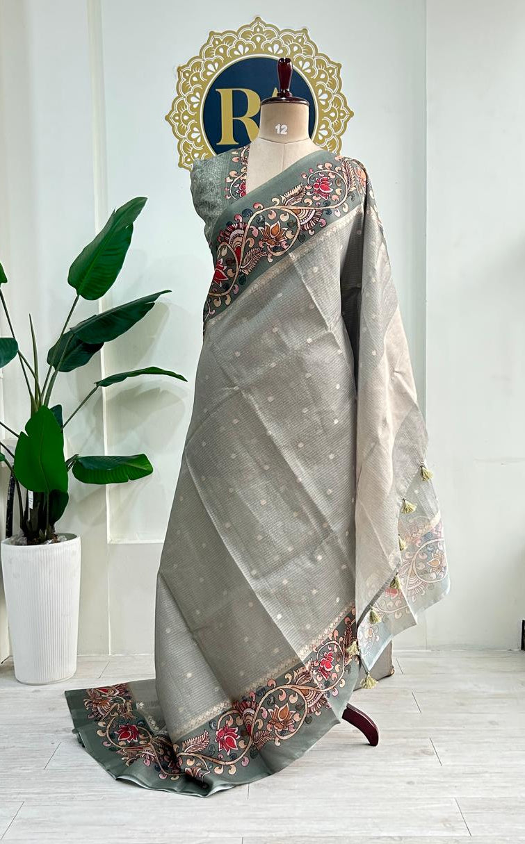 Pastel blue n cream  kalamkari border kota checks saree