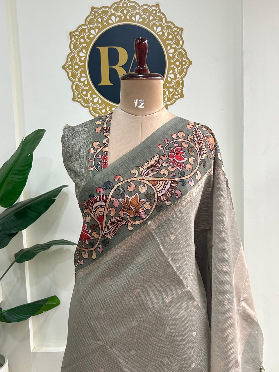 Pastel blue n cream  kalamkari border kota checks saree