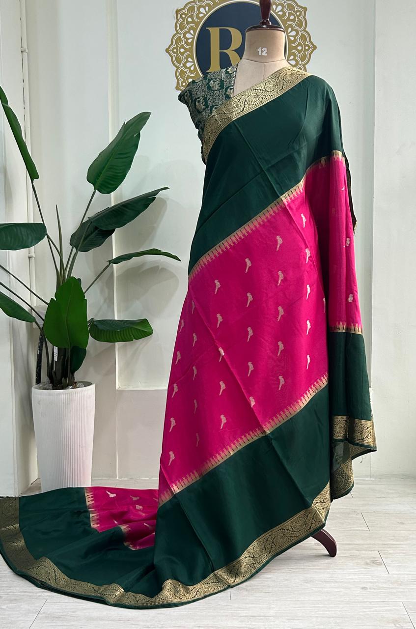Green n rani pink premium semi mysore-12 crepe saree