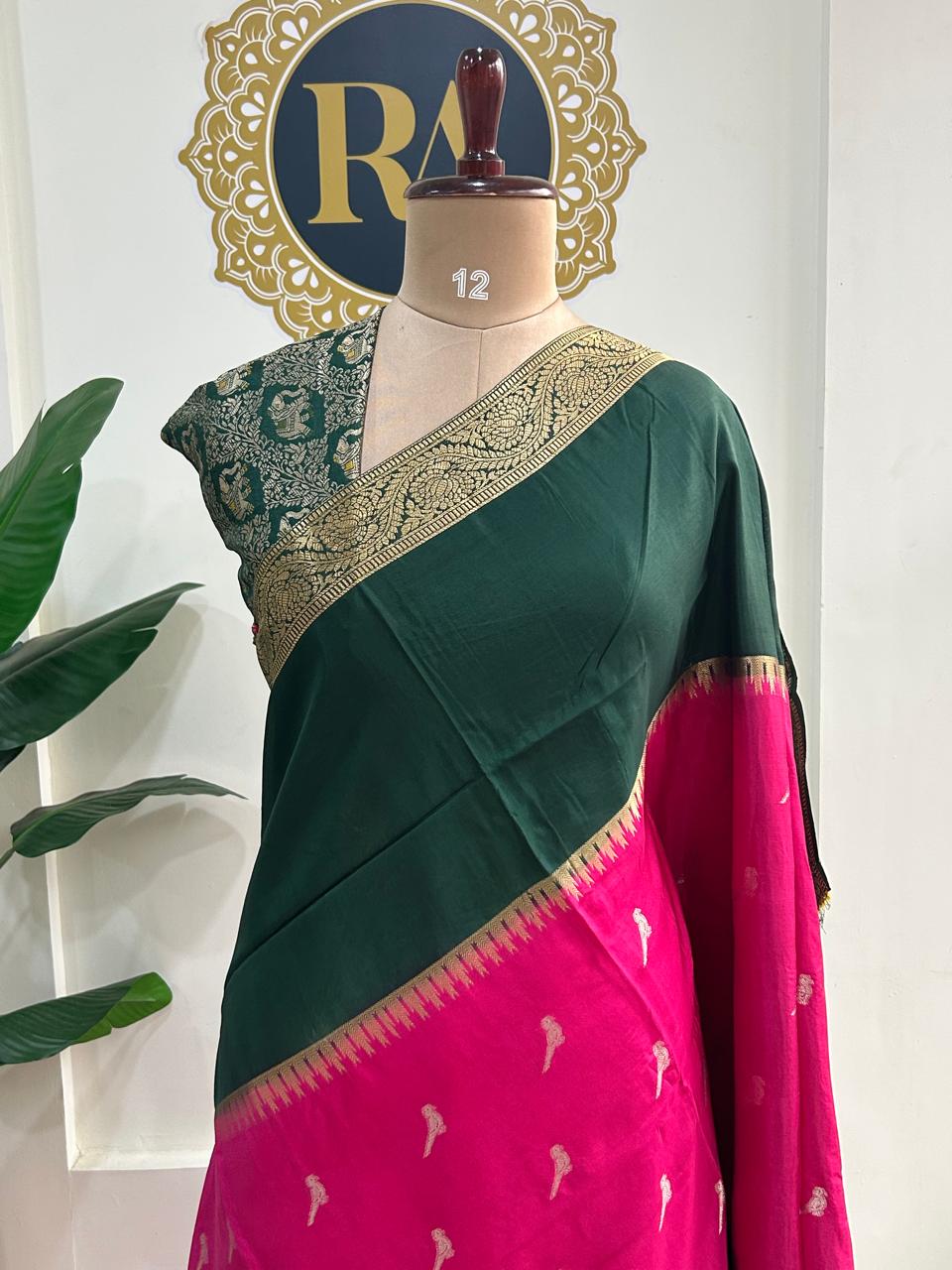 Green n rani pink premium semi mysore-12 crepe saree