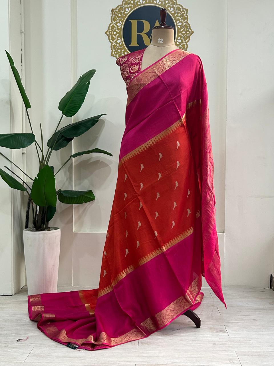 Pink n orange premium semi mysore-12 crepe saree