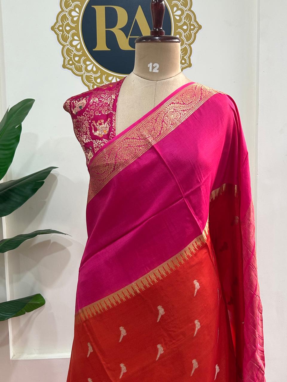 Pink n orange premium semi mysore-12 crepe saree