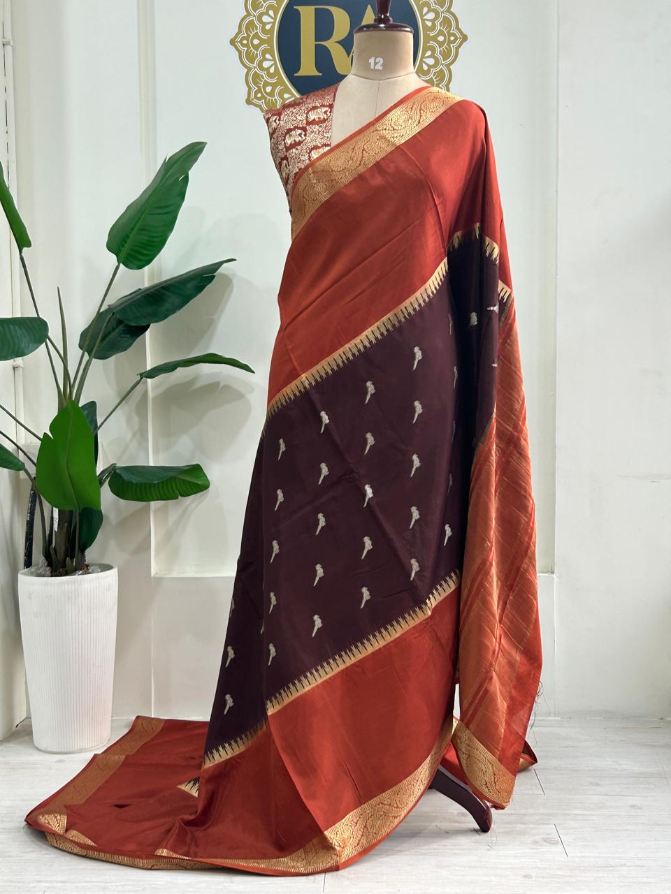 Rust orange n brown premium semi mysore-12 crepe saree