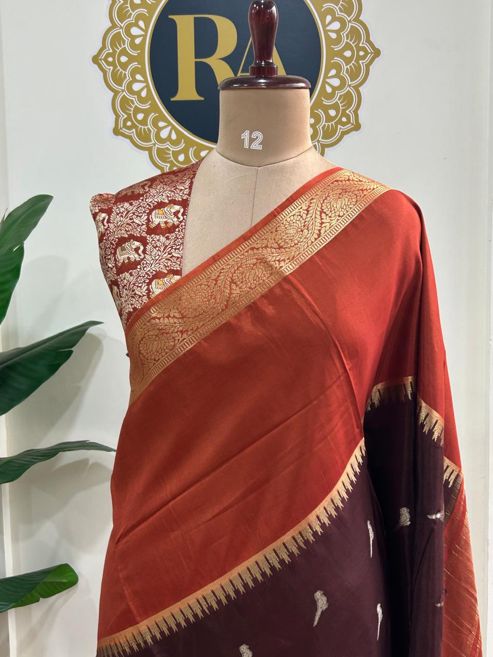 Rust orange n brown premium semi mysore-12 crepe saree