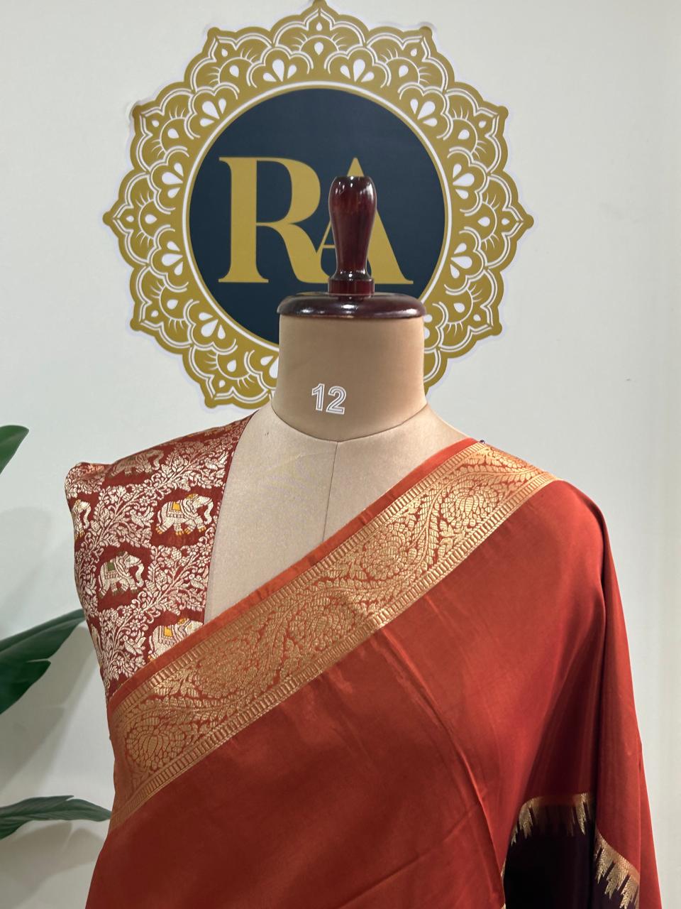 Rust orange n brown premium semi mysore-12 crepe saree