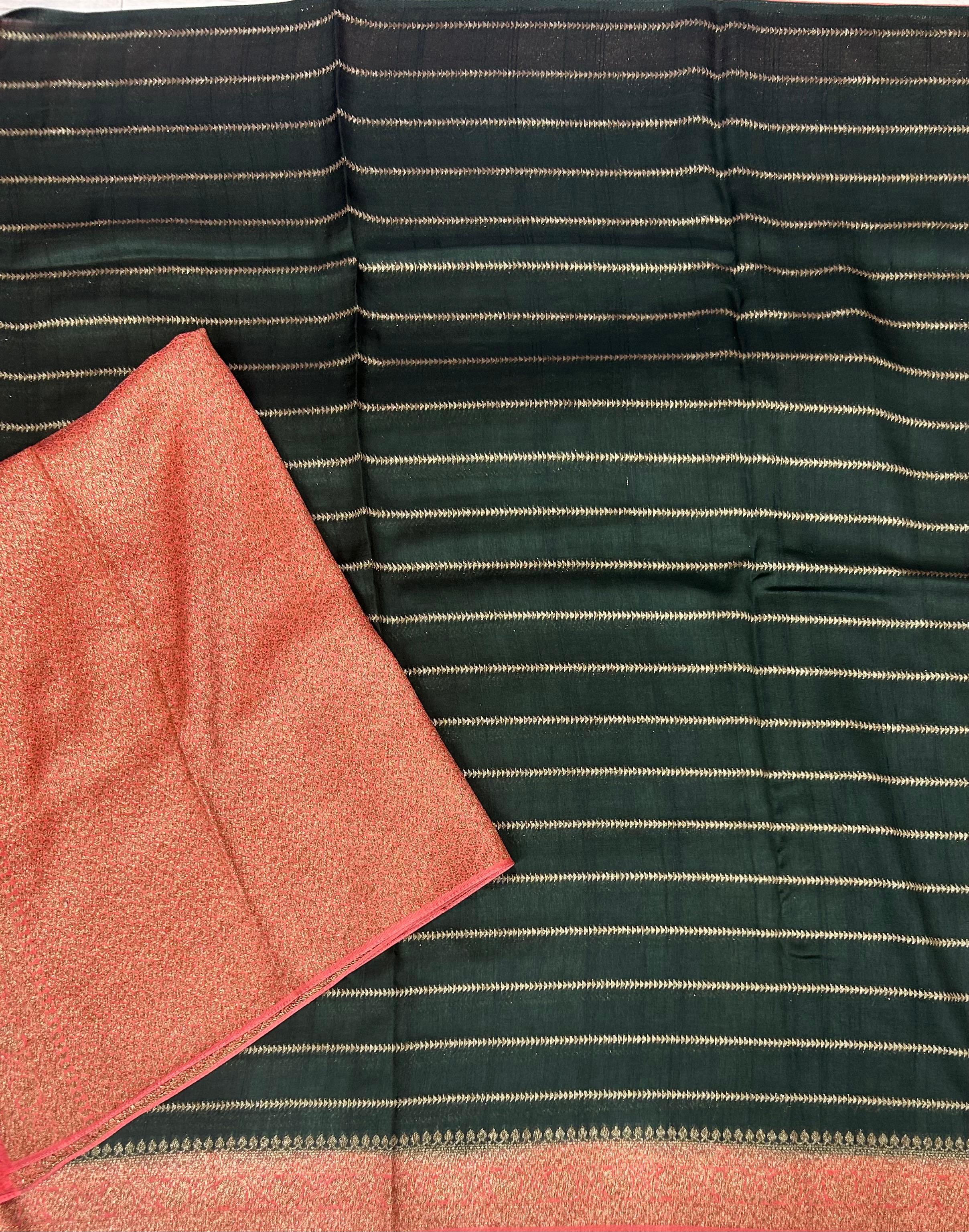 Bottle green stripes design tussar georgette-12 saree