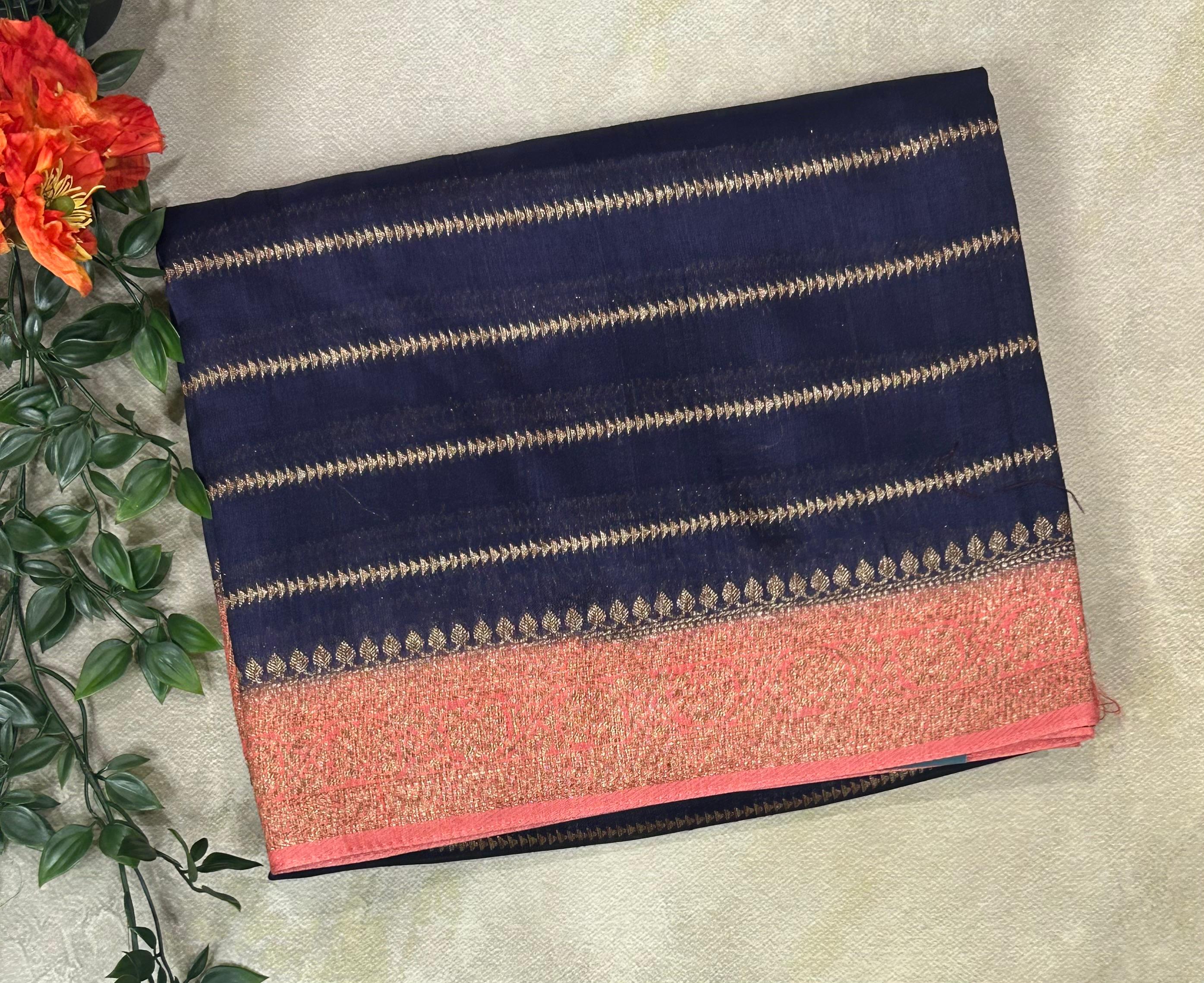 Peacock blue stripes design tussar georgette-12 saree