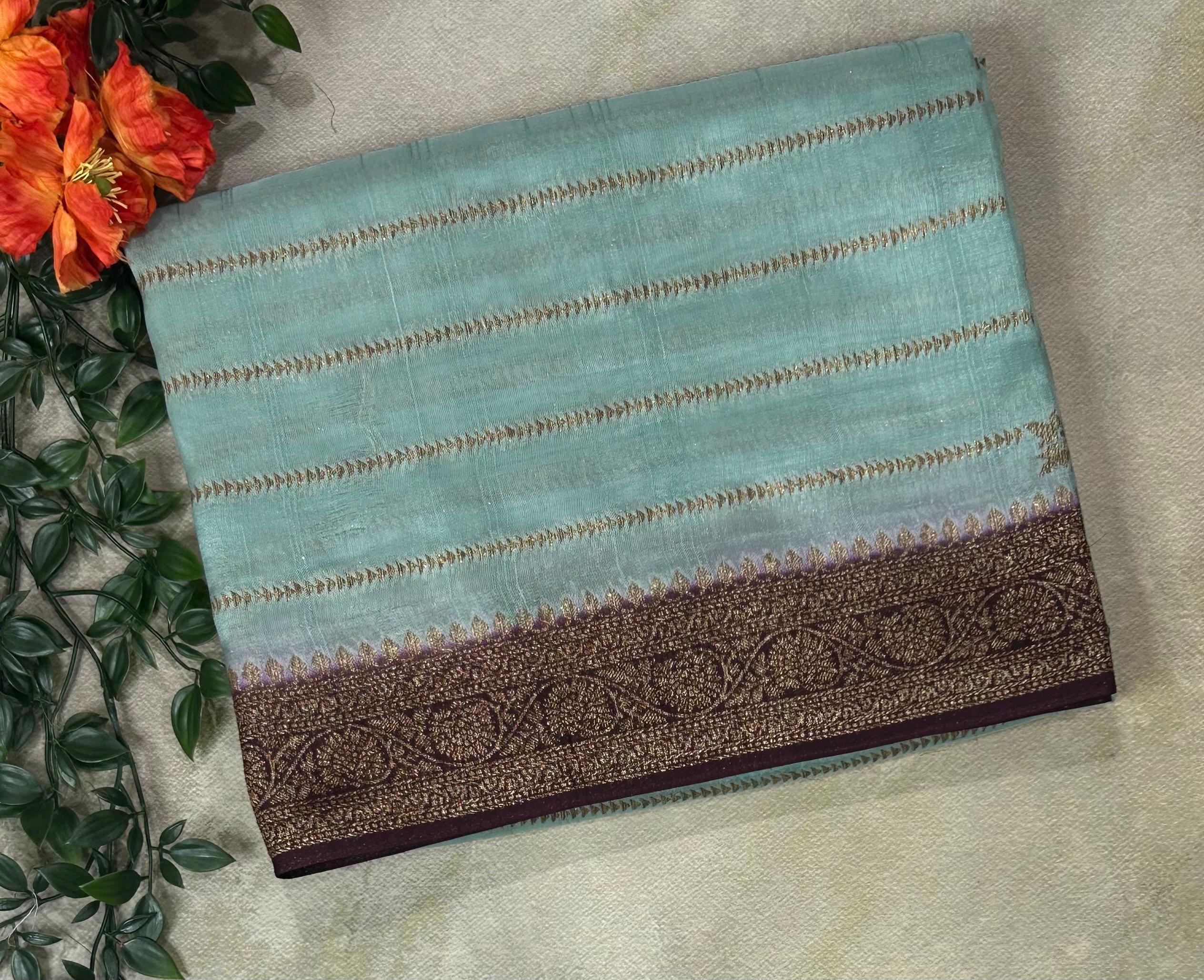 Pastel blue stripes design tussar georgette-12 saree