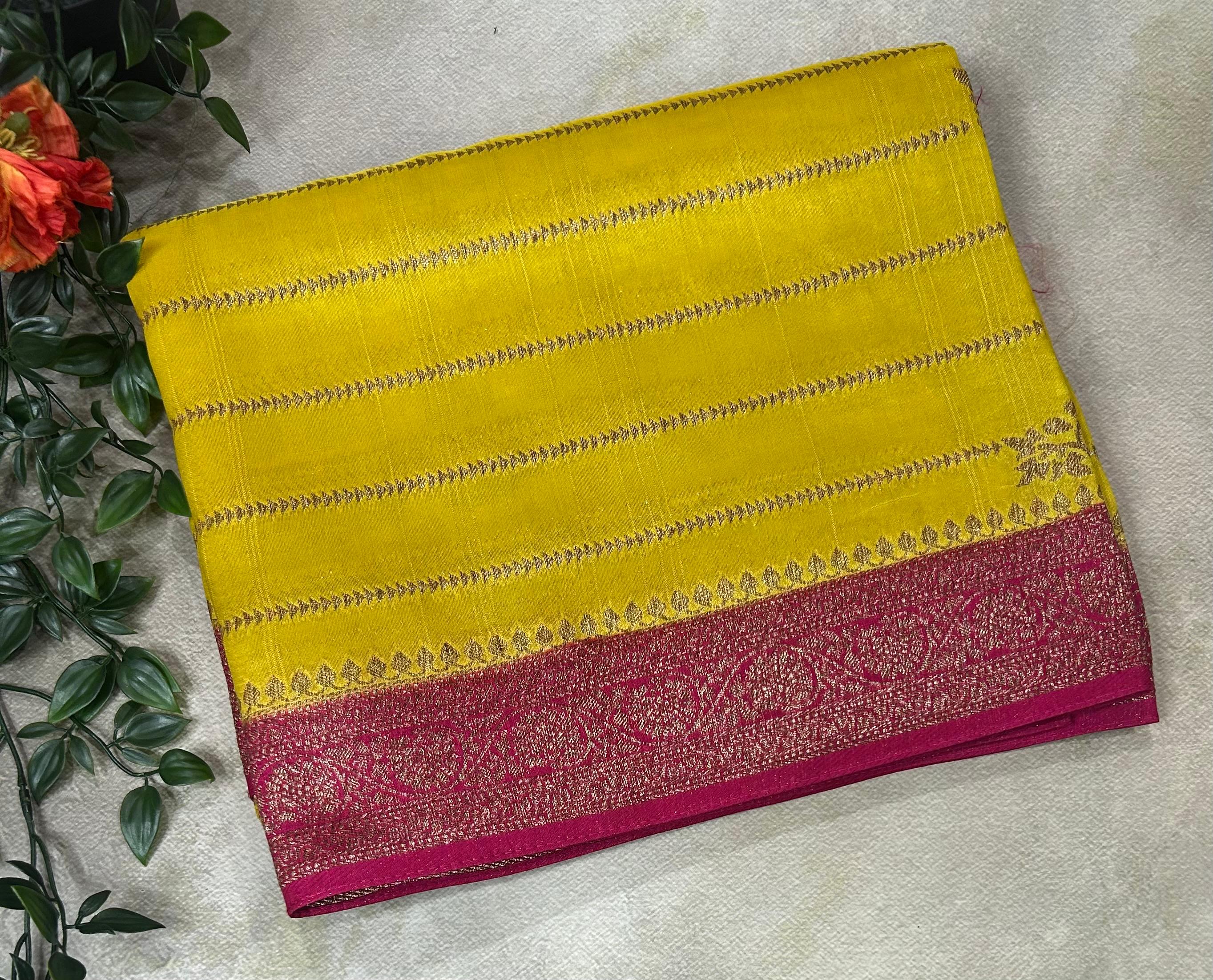 Lime yellow stripes design tussar georgette-12 saree