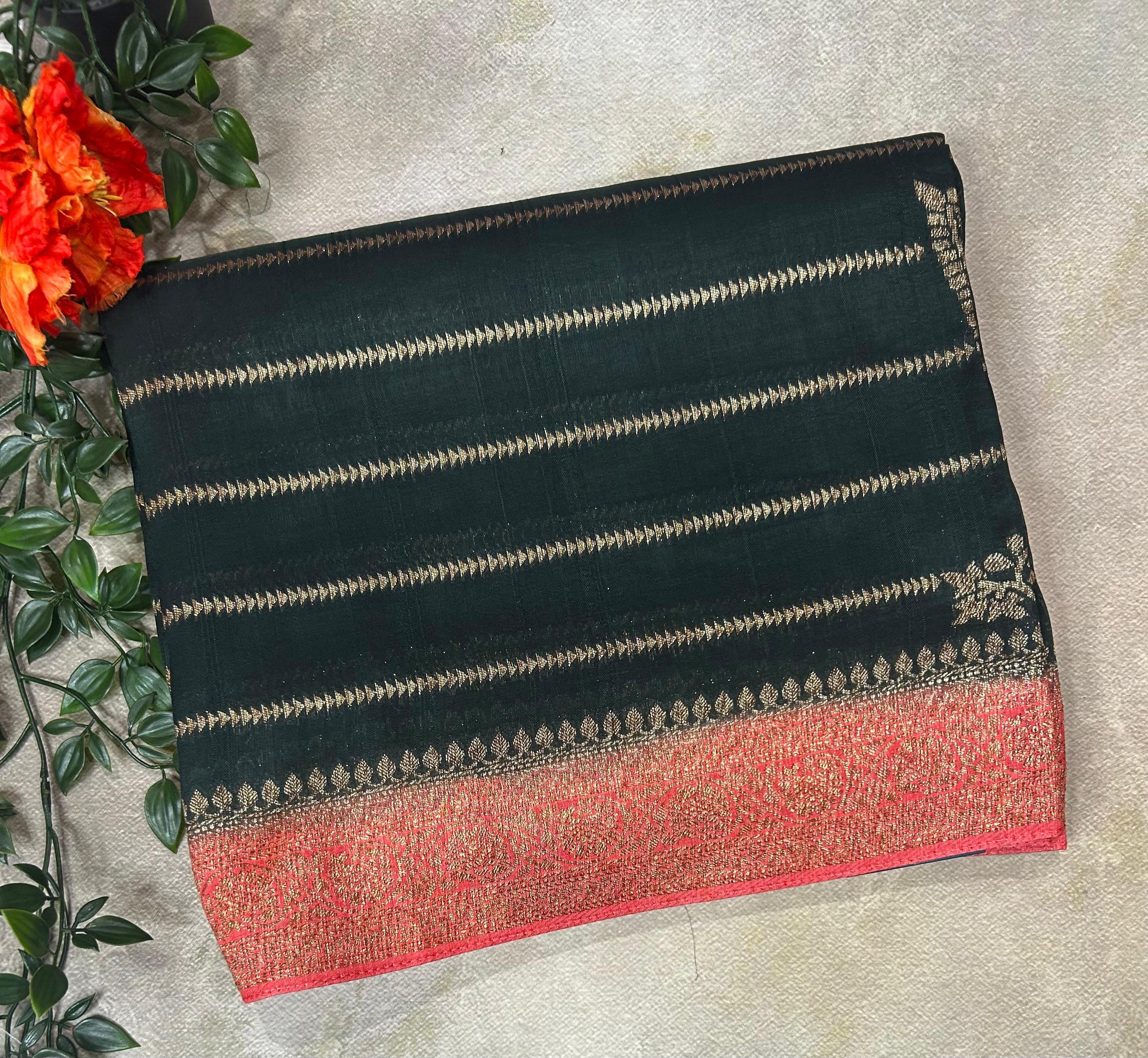 Bottle green stripes design tussar georgette-12 saree