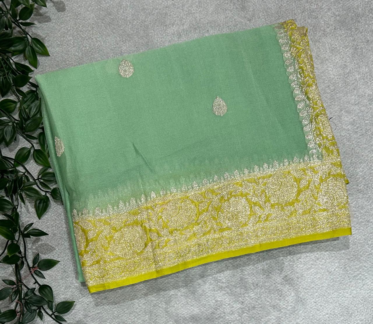 pastel green benarasi pure chiffon saree