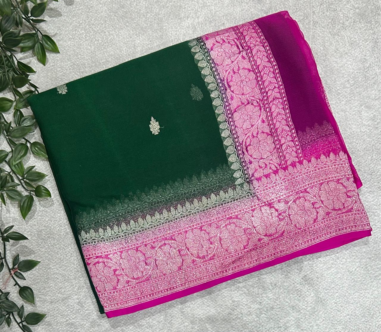 Bottle green n pink benarasi pure chiffon saree
