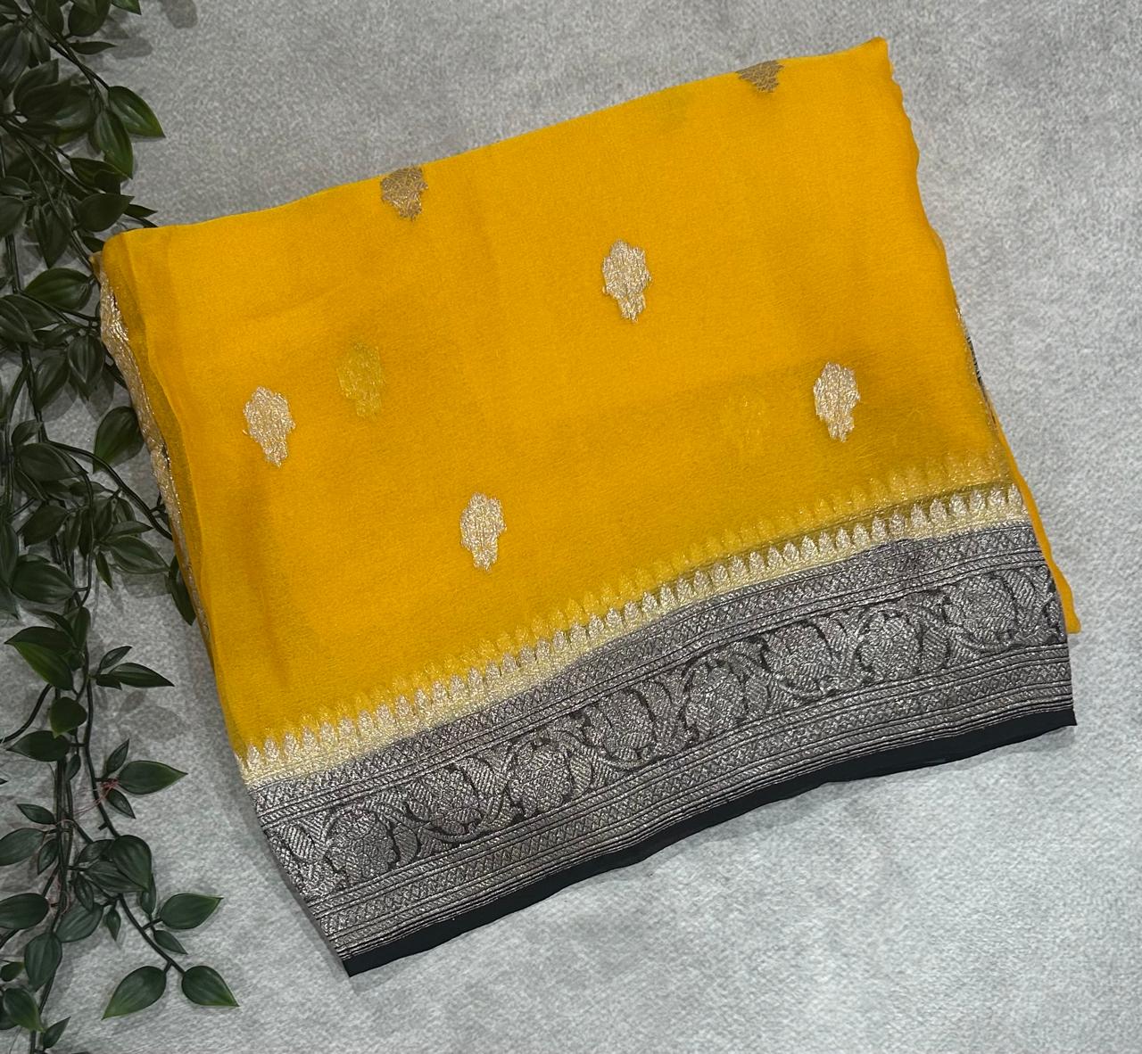Yellow n black benarasi pure chiffon saree