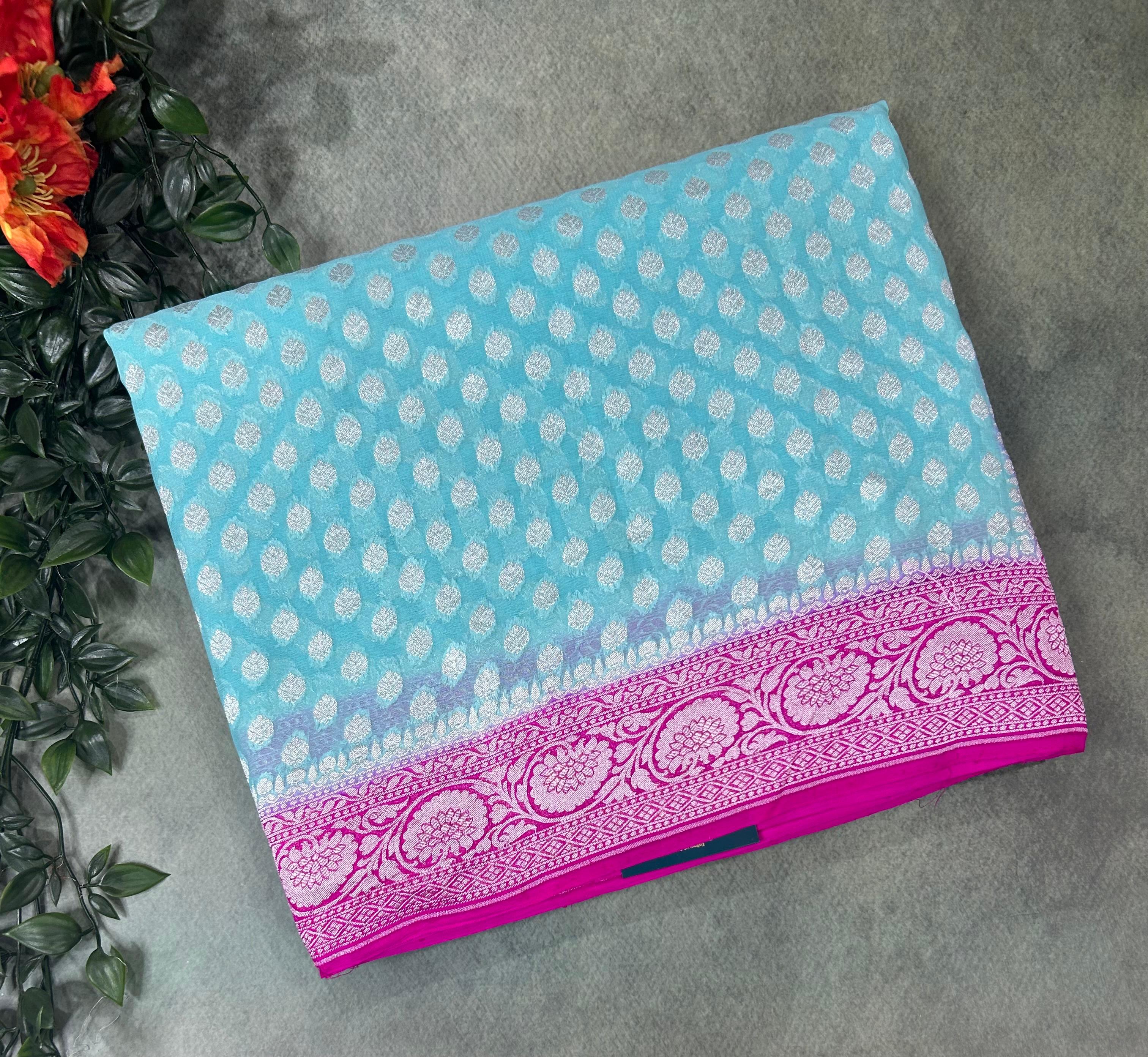 Sky blue n rani pink banarasi Pure Georgette Saree-12