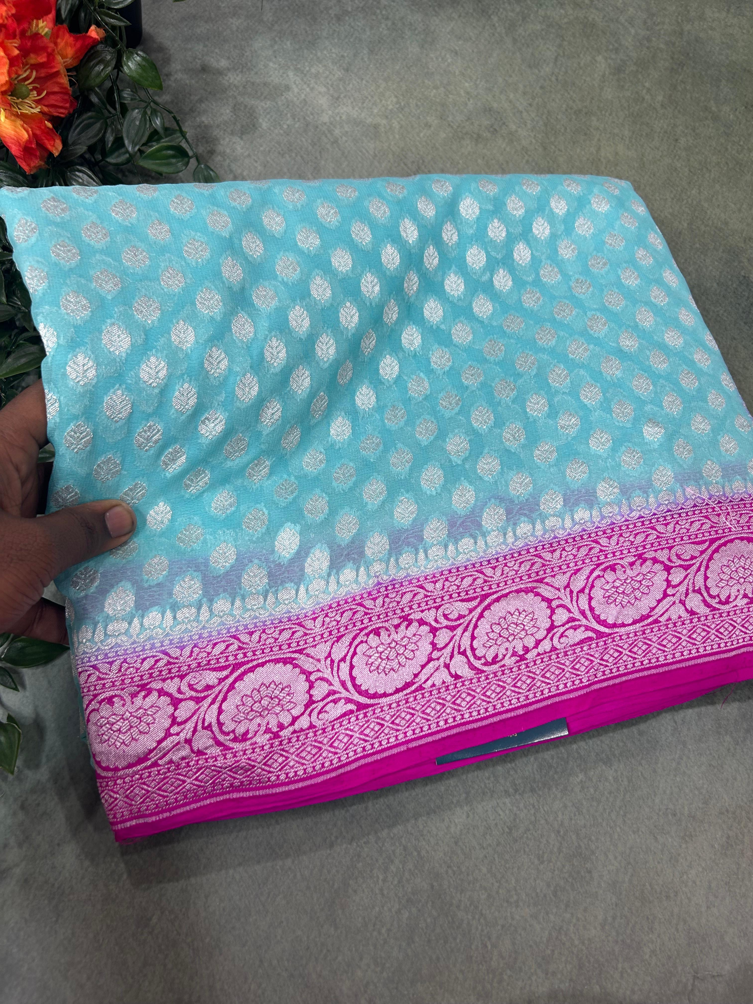 Sky blue n rani pink banarasi Pure Georgette Saree-12
