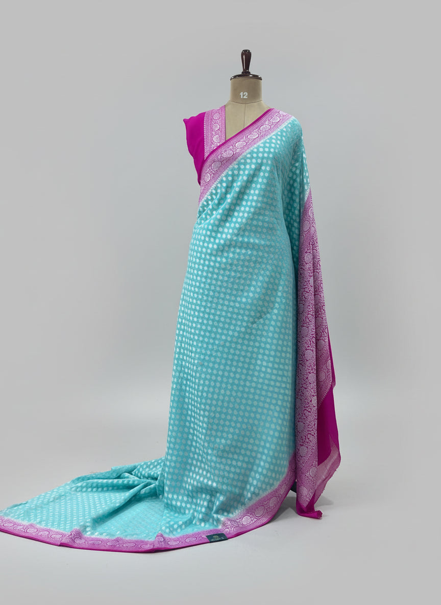 Sky blue n rani pink banarasi Pure Georgette Saree-12