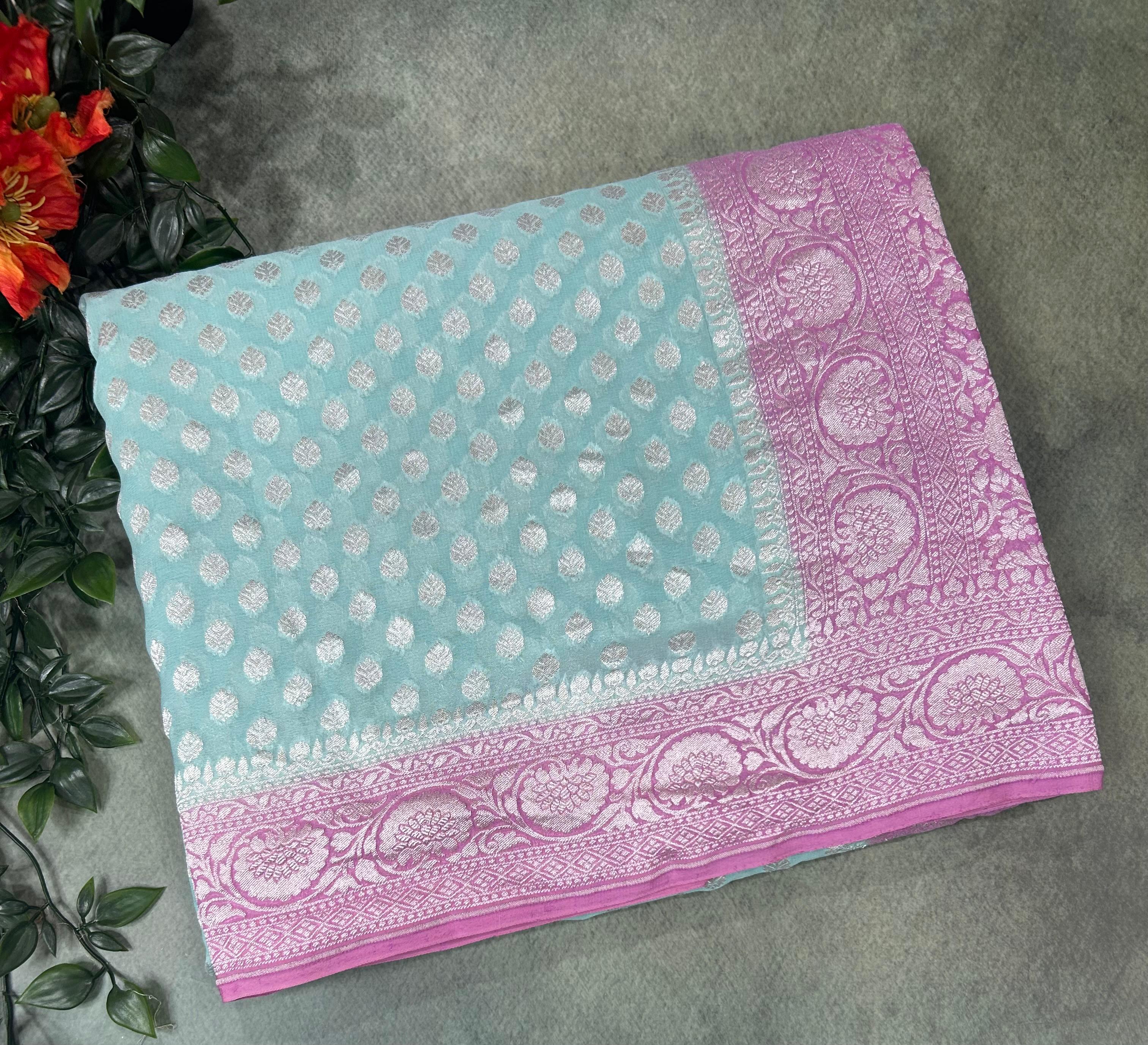 Sky blue n pastel pink banarasi Pure Georgette Saree-12