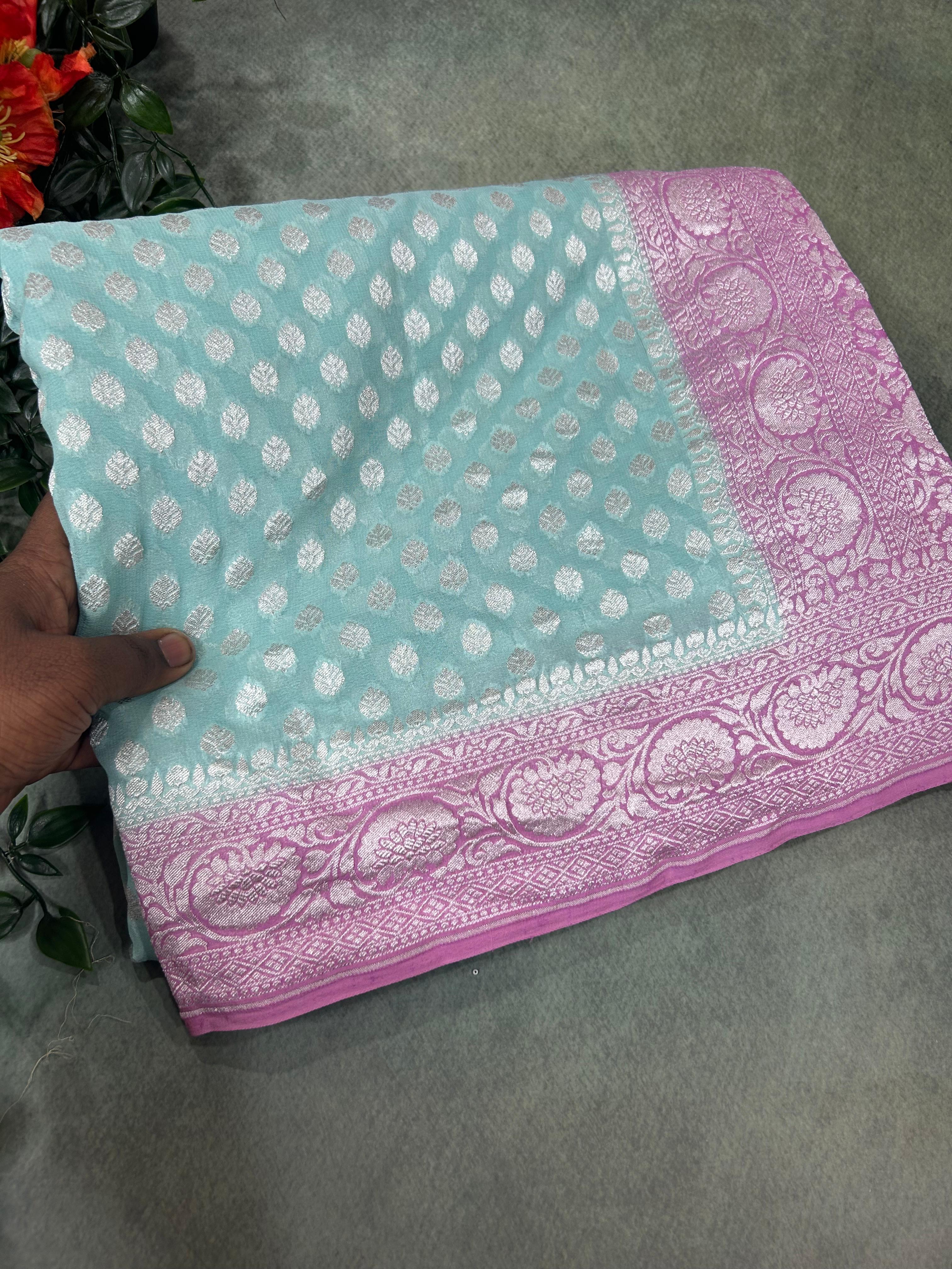 Sky blue n pastel pink banarasi Pure Georgette Saree-12