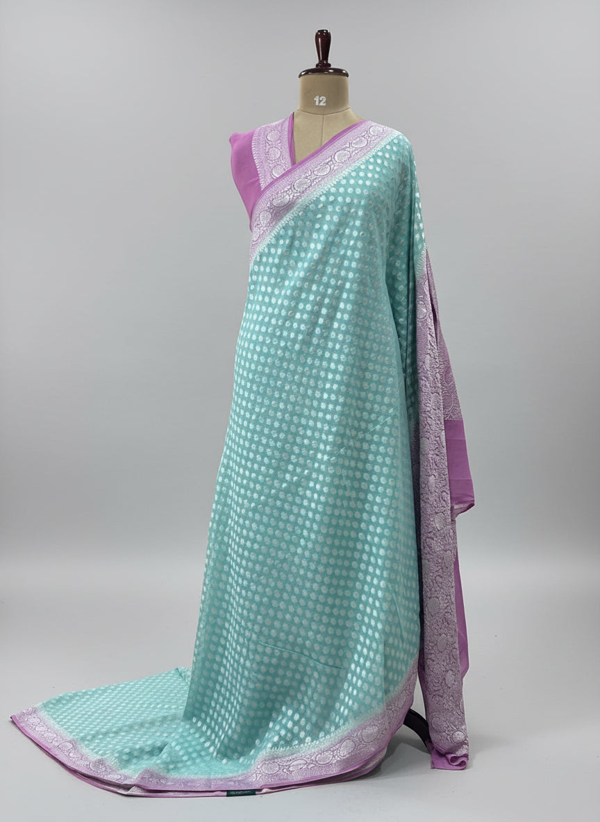 Sky blue n pastel pink banarasi Pure Georgette Saree-12
