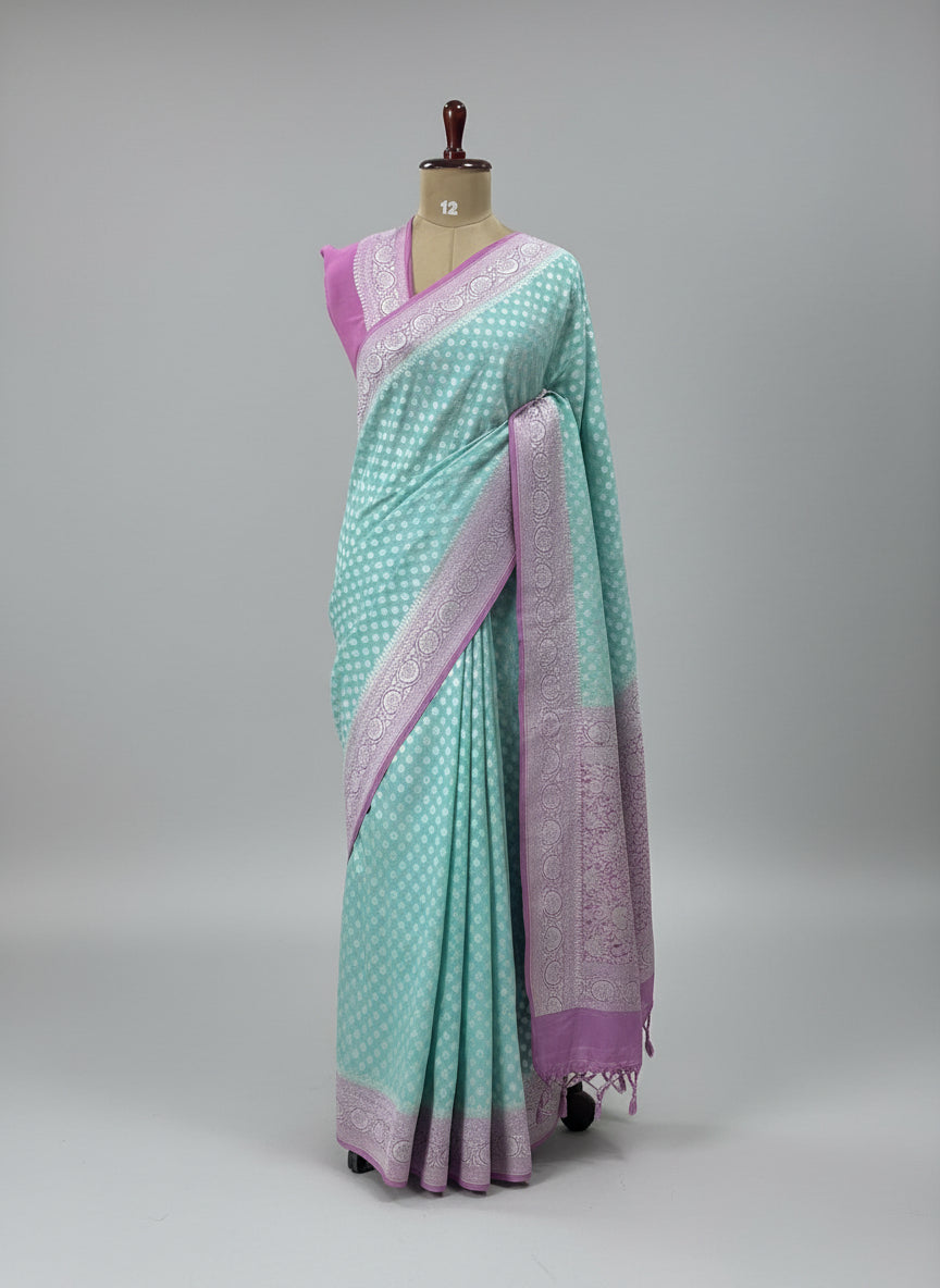 Sky blue n pastel pink banarasi Pure Georgette Saree-12