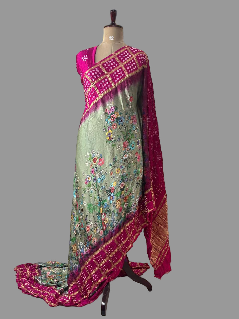 Pastel green n megenta printed pure gajji silk with bandhini blouse saree