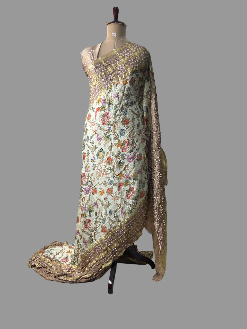 Cream n mavue printed pure gajji silk with bandhini blouse saree