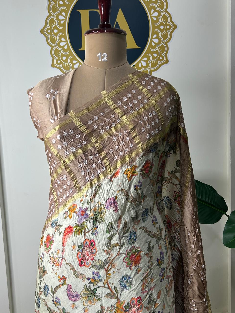 Cream n mavue printed pure gajji silk with bandhini blouse saree