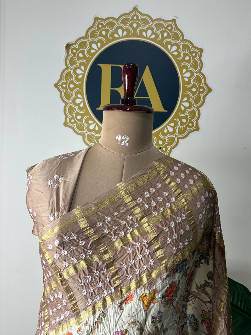 Cream n mavue printed pure gajji silk with bandhini blouse saree