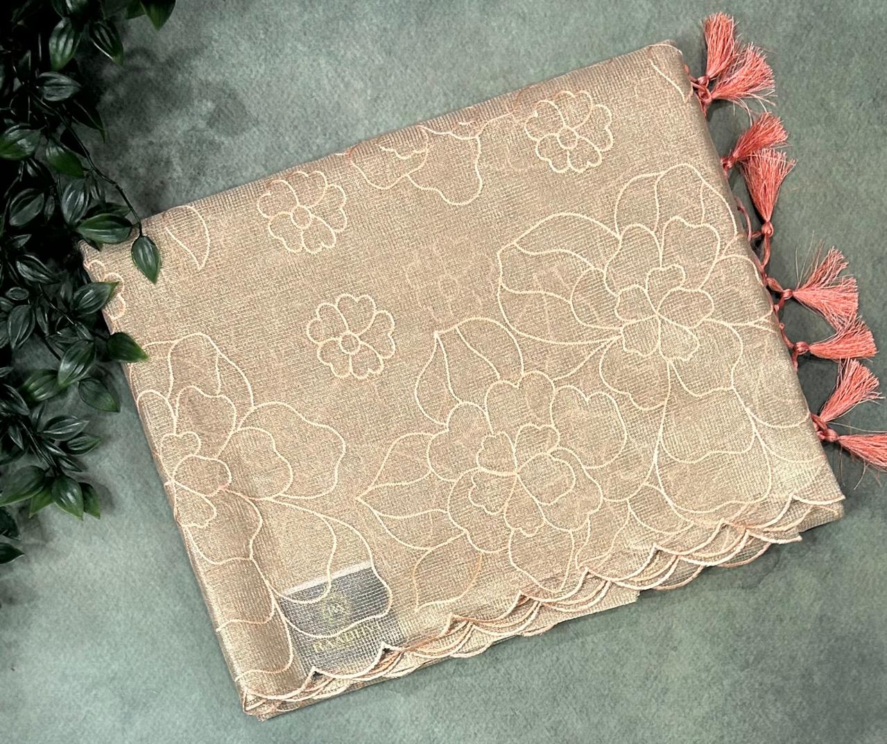 Golden tissue kota checks appliqué work saree