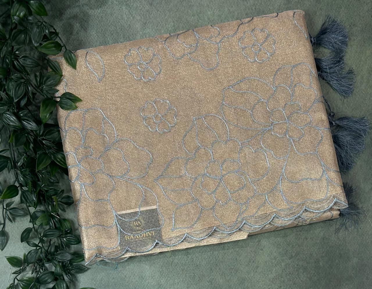 Golden tissue kota checks appliqué work saree