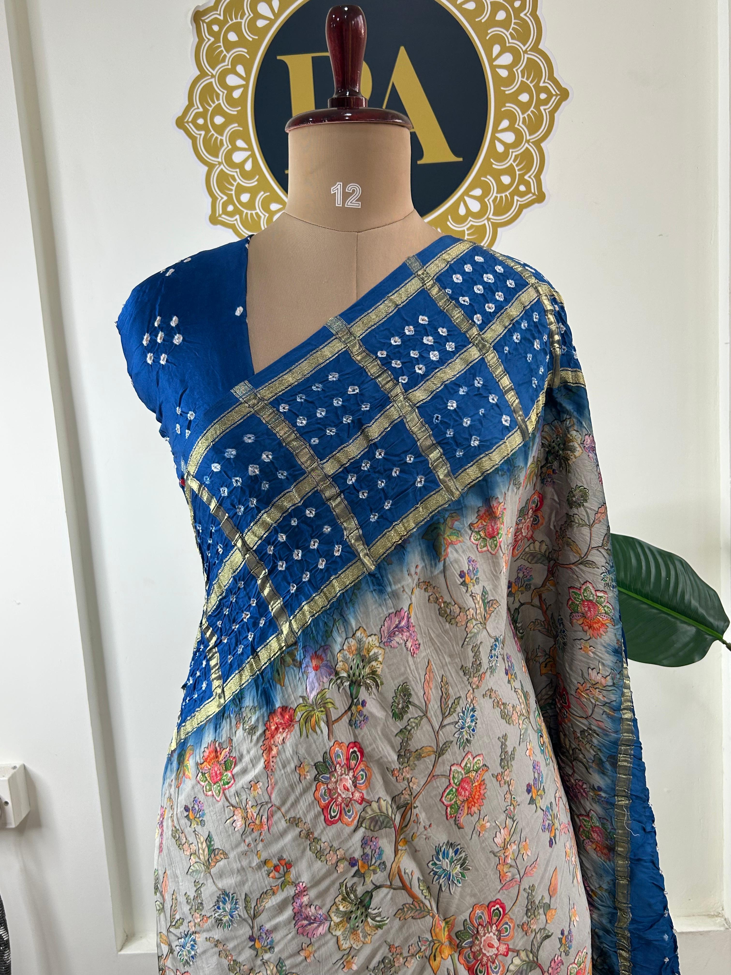 Grey n blue printed pure gajji silk with bandhini blouse saree
