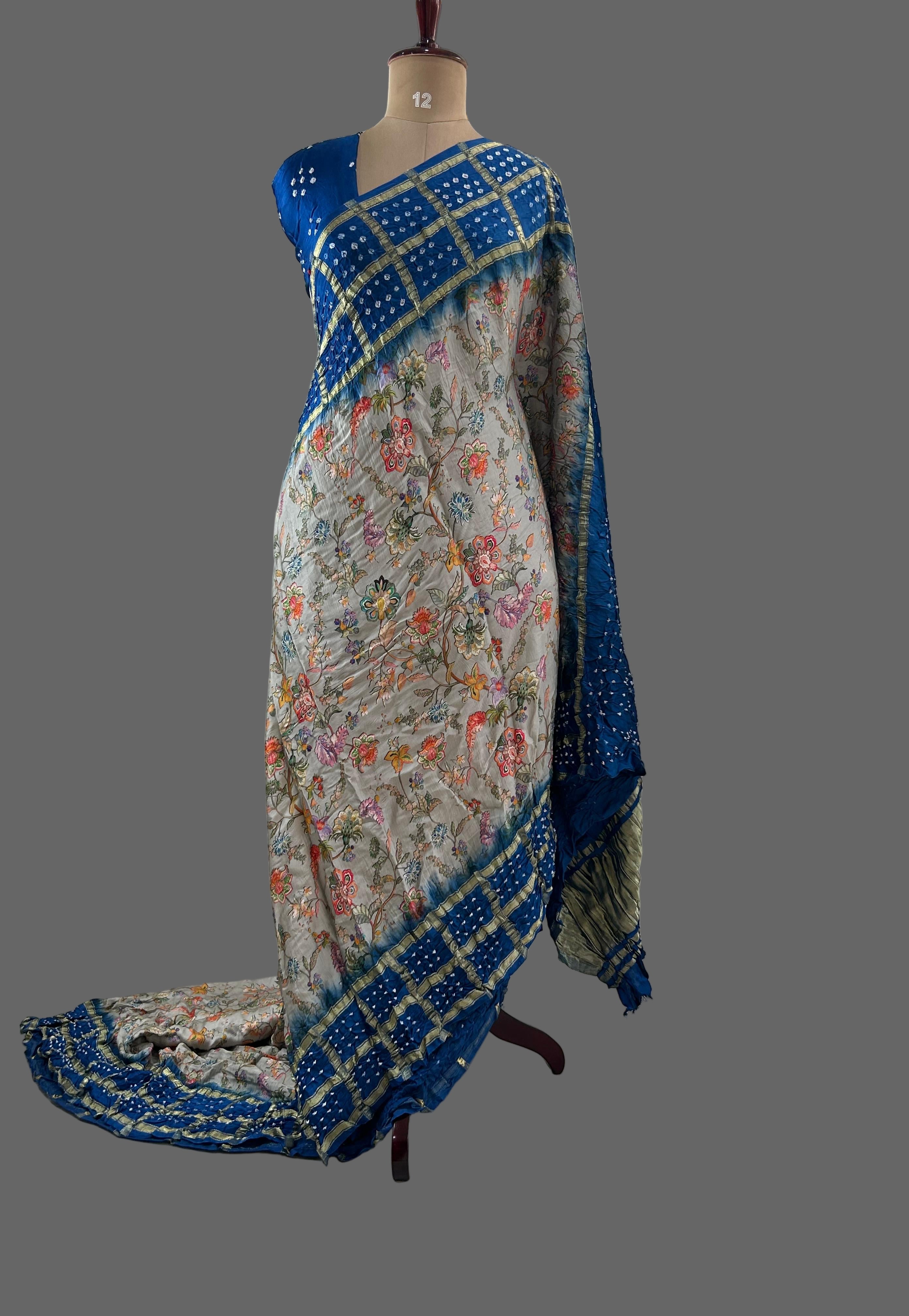 Grey n blue printed pure gajji silk with bandhini blouse saree