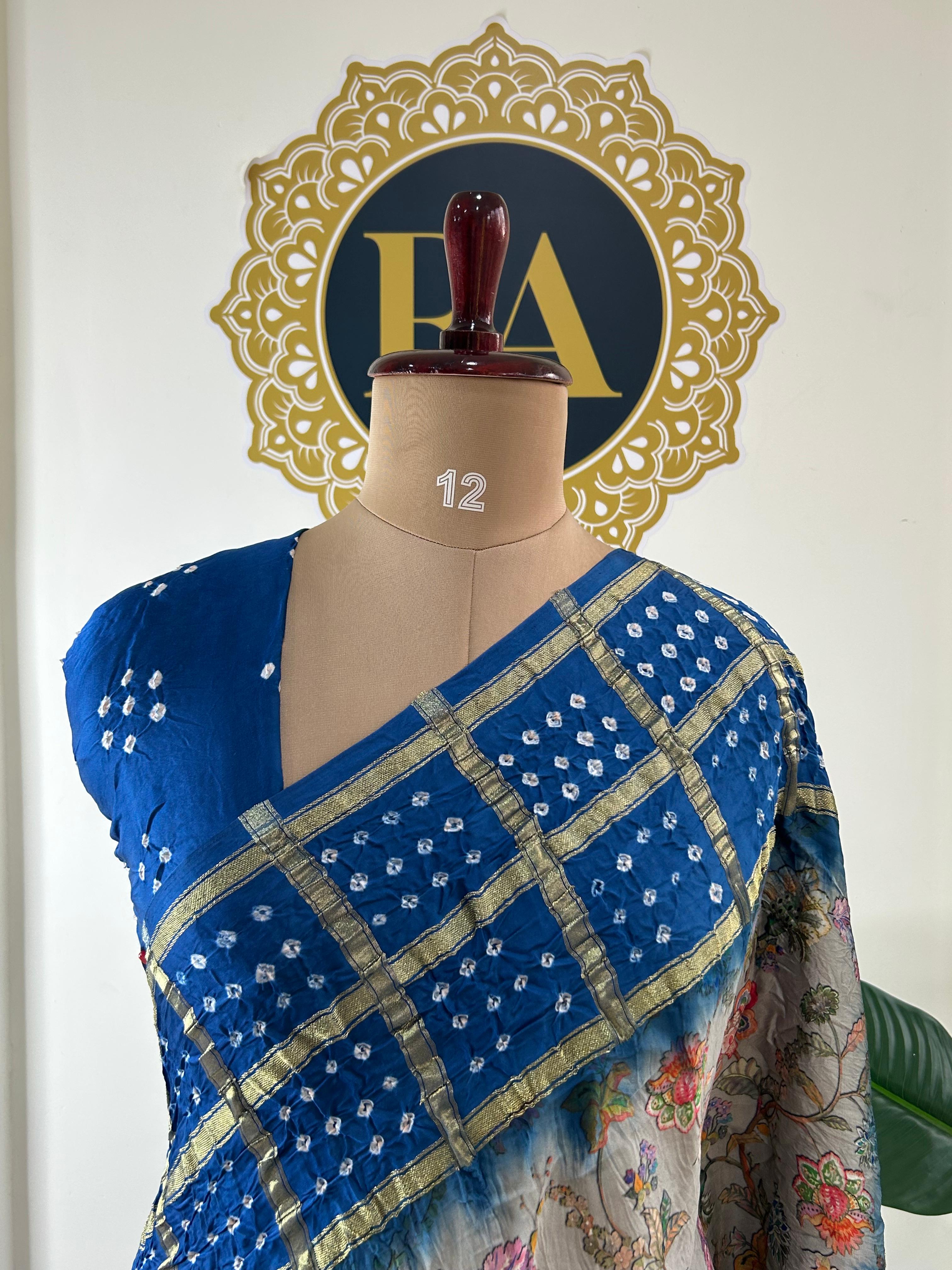 Grey n blue printed pure gajji silk with bandhini blouse saree