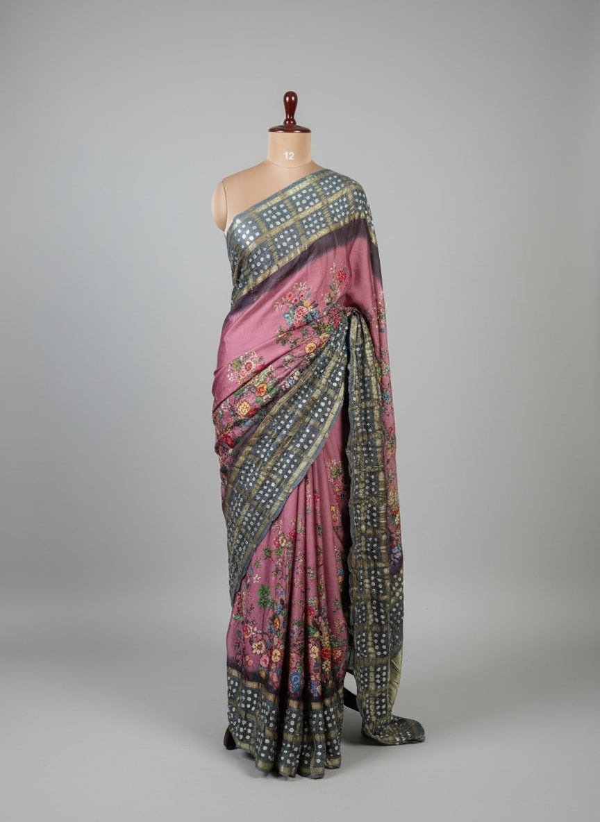 Onion pink printed pure gajji silk with bandhini blouse saree