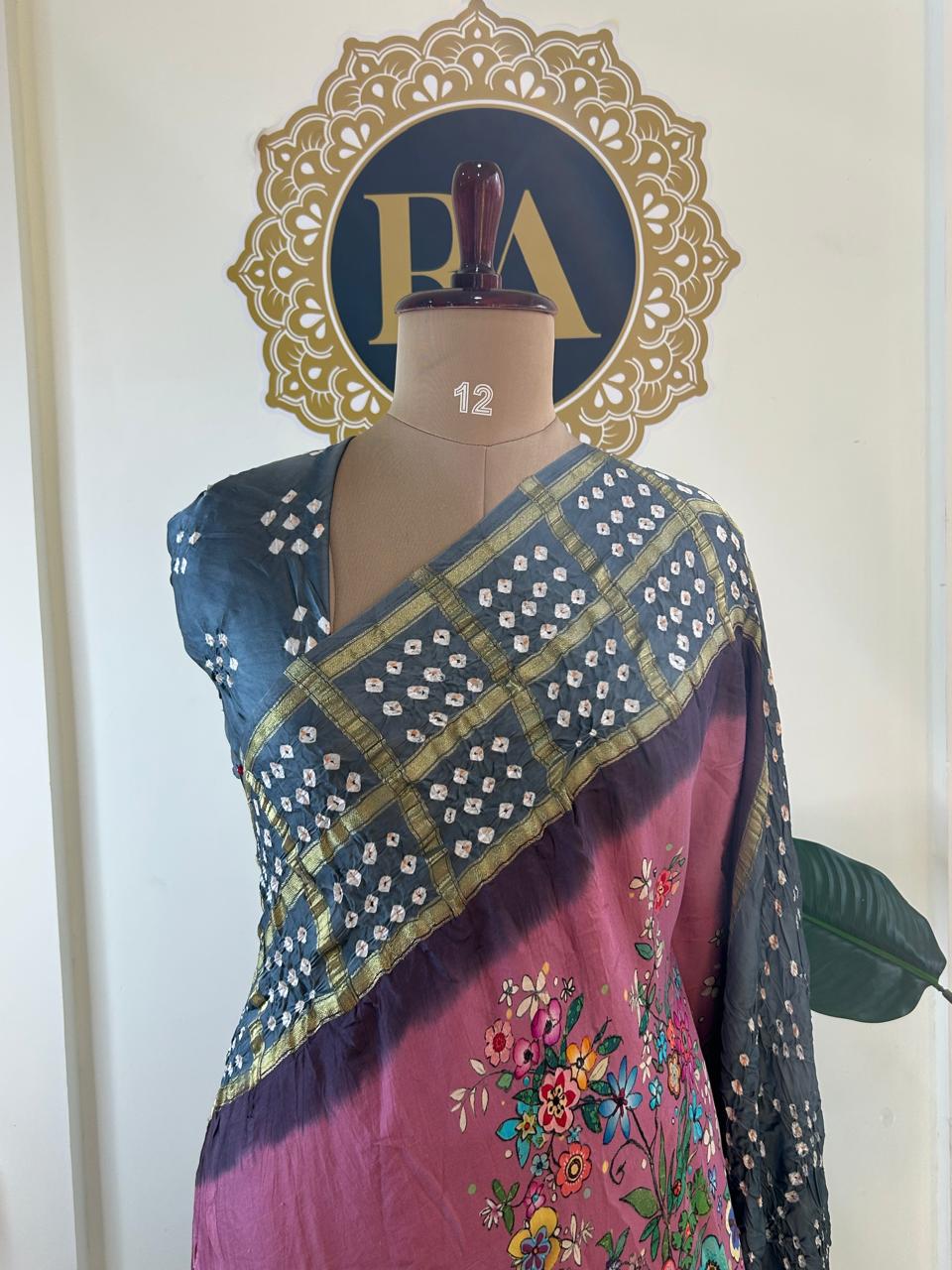 Onion pink printed pure gajji silk with bandhini blouse saree